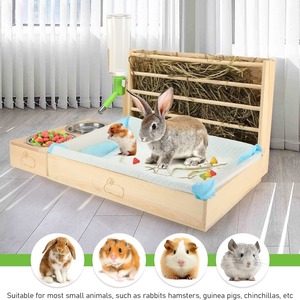 Comedero de madera para conejos con soporte para botella de agua y bandeja de alimentación para hámster, chinchilla, animales pequeños, 55x30x28,5 cm, duradero - Product Image 2