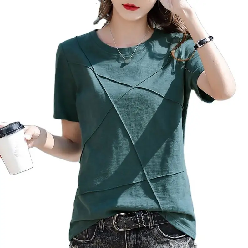 Summer Korea retro design women's solid color printing bottomed shirt cotton loose fashion short-sleeve top T-shirt