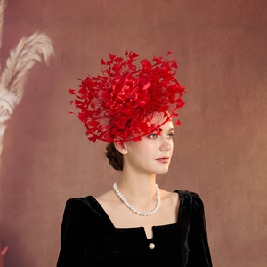 Chapeau élégant à large bord en forme de dôme pour les goûters et <span class=keywords><strong>la</strong></span> Saint-Valentin, orné de plumes artificielles, bandeau décoratif - Product Image 3
