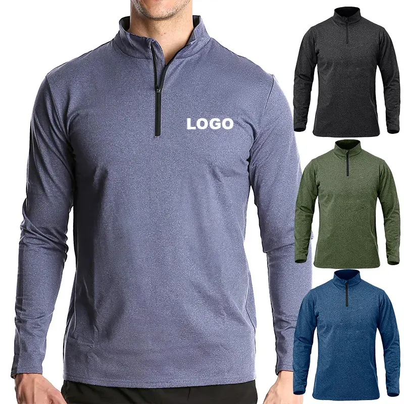 Pullover da Golf con Zip a 1/4 quarti lavorato a maglia a maniche lunghe in tinta unita ad asciugatura rapida da uomo in poliestere leggero all'ingrosso