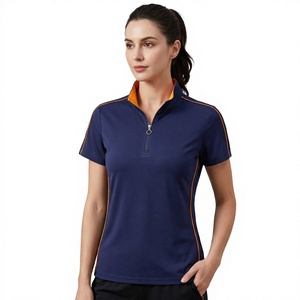Polo d'été pour femme à col montant semi-zippé bleu marine, manches courtes, fermeture éclair métallique semi-ouverte, rayures fines contrastantes, coupe raglan - Product Image 3