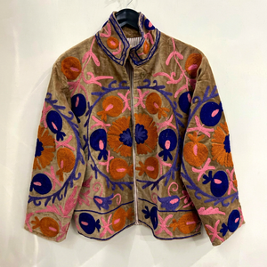 Luxury Brown Velvet <b>Embroidered</b> Suzani <b>Jacket</b> With Floral Pattern Full Sleeve Stand Collar Bohemian <b>Women</b> Autumn Outerwear - Product Image 1