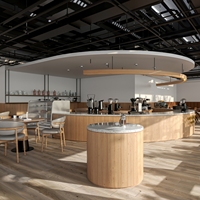 Design d'intérieur de café industriel moderne avec comptoir de bar en bois courbé et ensemble de mobilier de restaurant sur mesure
