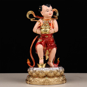 Estatua de Buda Bodhisattva Guanyin de Jade Dorado, Niño Dragón y Niña Dragón, Tallada Semimecánica Izquierda/Derecha, para Culto en el Hogar - Product Image 3