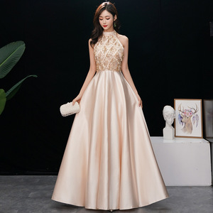 Champagne-Colored Elegant Long Evening Gown High Neck A-Line Satin Wrap And Tie Empire Waistline For Female Hosts And Socialites - Product Image 2