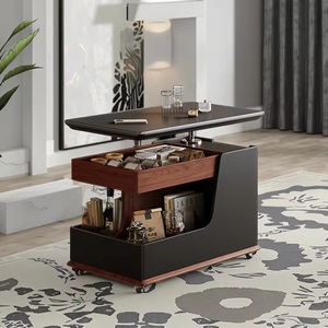 Mesa de Centro Multifuncional con Elevación, Diseño Moderno, Base de Metal y Tablero de Madera de Abedul, con Ruedas - Product Image 1