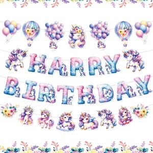 Bannière d'<span class=keywords><strong>anniversaire</strong></span> sur le thème de la <span class=keywords><strong>licorne</strong></span> sur fond floral moderne Vaisselle et décorations de fête Fourniture - Product Image 2