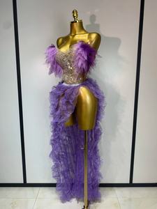 Conjunto de 2 piezas para mujer, vestido largo ajustado sin tirantes con volantes, abertura alta, para discoteca, fiesta, cumpleaños, actuación en escenario - Product Image 3