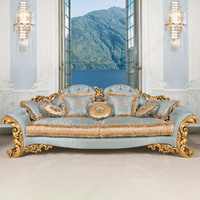 Juego de Sofás Clásico Francés de Lujo, Tela Azul y Madera Maciza con Tallado Elegante para Sala de Estar de Villa