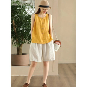 Cotton Linen Sleeveless Tank Top Blue Summer Loose Fit Button Front Casual Top - Product Image 4