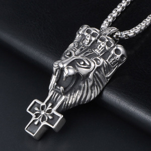 Trendy Men's Titanium Steel Lion Head Pendant With Skull Crown And <b>Cross</b> Flower Design SP494 - Product Image 4