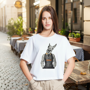 T-shirt court décontracté en toile imprimé numérique pour femme, coupe ample, écologique, XS/SM, 'Vintage Donkey', 100% coton, col à nœud - Product Image 3