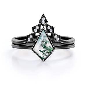 Anillo de Boda de Plata de Ley 925 Chapado en Oro de 14K con Ágata Musgosa en Forma de Cometa, Gema Natural, Banda Orgánica - Product Image 4