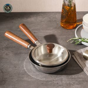 Tri-ply Stainless Steel 316 Walnut Wood Handle Korean Design Round Shape Frying <strong>Pan</strong> with Glass Lid and Non-Stick Wok Cooking <strong>Pan</strong> - Product Image 2