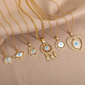 Popular Design Wholesale Cubic Zirconia Geometric Charm Pendant Necklace Jewelry 18K Gold Plated Evil Eye Pendant Necklace