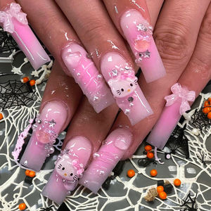 Vente en gros 24 pièces Kawaii 3D mignon <span class=keywords><strong>Hello</strong></span> <span class=keywords><strong>Kitty</strong></span> dessin animé <span class=keywords><strong>cercueil</strong></span> amande faux ongles longue presse français rose ongles doigts conception mignonne - Product Image 2