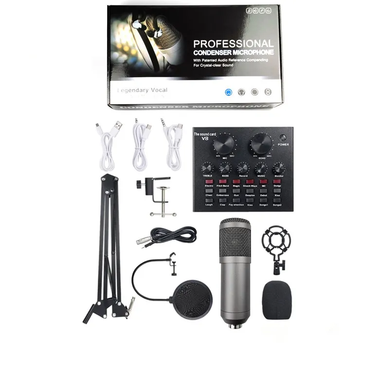 Bm 800 Studio Condensator Microfoon Bundel V8 Geluidskaart Voor Live Streaming Podcasting