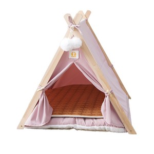Tienda de campaña tipi para mascotas Petop de nailon y polialgodón con cojín suave, decoración de pompones, plegable, casa para perros y gatos para interiores, para todas las estaciones, color rosa, en caja. - Product Image 5