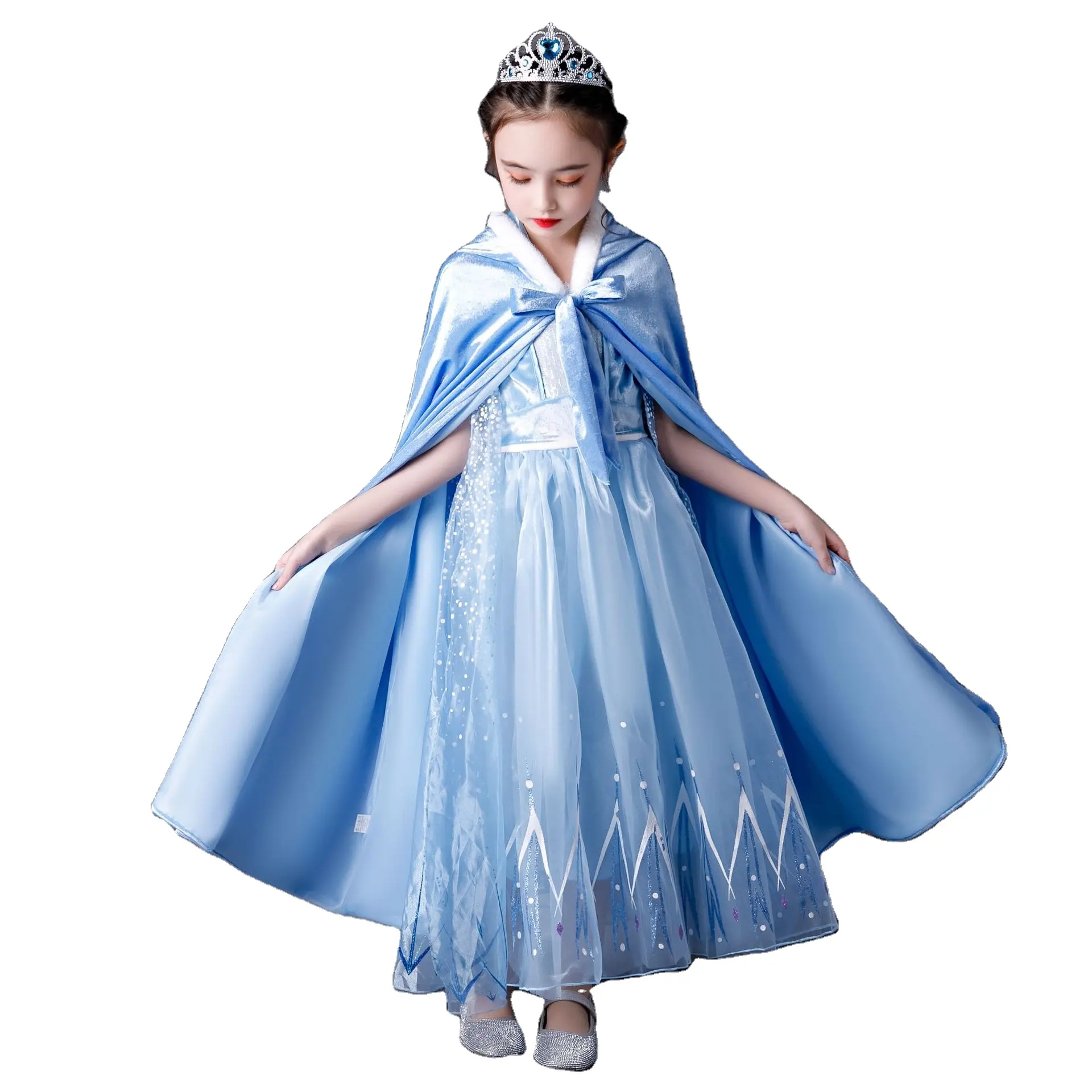 Gaun lengan pendek anak perempuan, Gaun Elsa Frozen, lengan pendek untuk anak-anak
