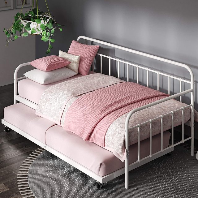 Modern White Metal Day Bed Single Twin Size with Pull-up Trundle Sofa Bed Frame for Living Room Hotel Apartment or Farmhouse