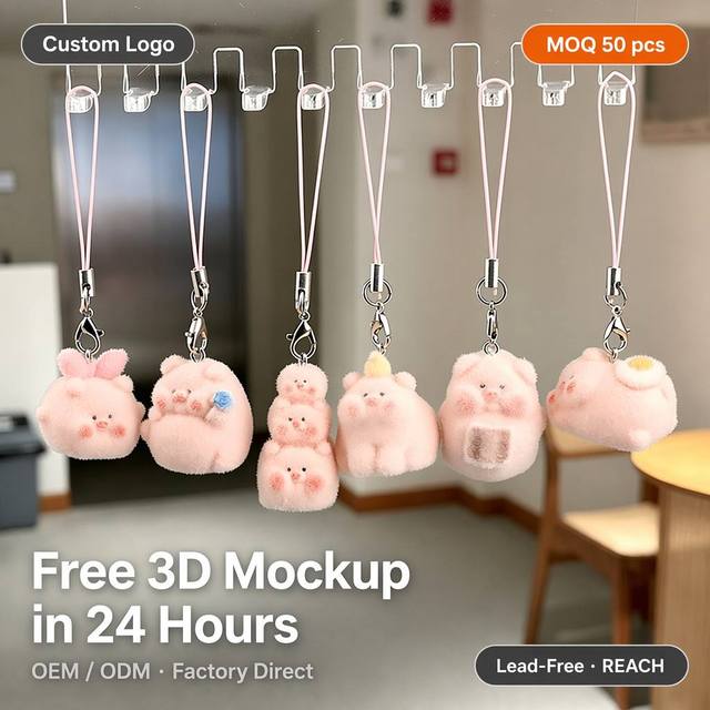 Kawaii Pink Pig PVC Plush Keychain Custom Print Logo Cartoon Piglet Phone Strap Water-proof Eco-Friendly