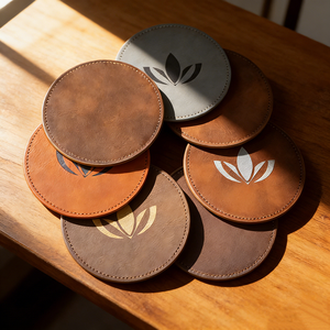 Bulk Laser Engraved Logo Classic Leather <strong>Coasters</strong> Storage Holder 6 Pack Heat Resistant <strong>Cup</strong> Mats Tea Wine Whiskey Office Gift - Product Image 3