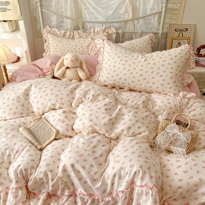 Soft Floral Printed 4-Piece <strong>Bedding</strong> Sets <strong>Double</strong> Layer Gauze Lace Edge Skin Friendly <strong>Princess</strong> Style for <strong>Double</strong> Size Bed Cover Set - Product Image 3