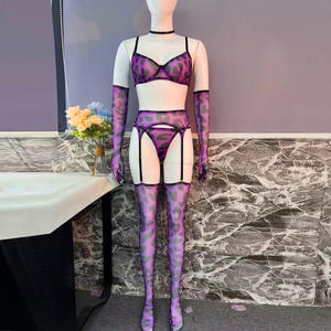 Leopardenmuster Dessous Erotisches Unterwäsche-Set Damen 3-Teiliges Mesh Patchwork Ausgefallenes Abendkleid Reizwäsche-Set Slip Strumpfband-Set - Product Image 6