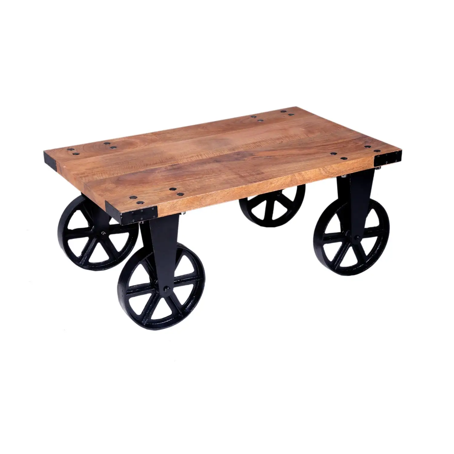Meja kopi kayu mangga industri dengan meja kopi kayu mangga antik dengan roda produk buatan tangan jumlah besar