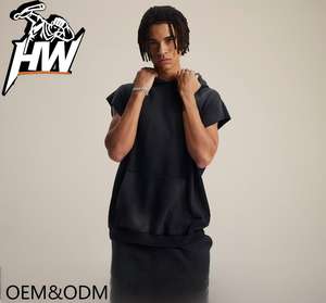 Gilet pull à capuche sans manches en coton éponge uni teint par pulvérisation, coupe ample, avec poche, pour homme - Nouveauté pour le streetwear de marque - Product Image 3