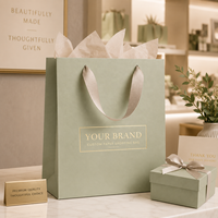 Sac de shopping en papier vert sauge de luxe écologique personnalisé avec poignée en ruban satiné, logo en feuille d'or, fermeture magnétique, matériaux recyclés