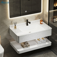 Meuble de salle de bain moderne à deux niveaux avec vasque en céramique, miroir LED et lavabo mural en dalle de roche