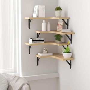 Wooden <b>Corner</b> <b>Floating</b> <b>Shelf</b> Wall Mounted Storage Rack Natural Wood Color Durable Home Kitchen Display Organizer - Product Image 3