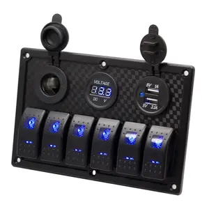 6 Gang Rocker Switch Panel ON Off LED Light Switch with 3.1A USB Digital Voltmeter Cigarette Lighter Socket