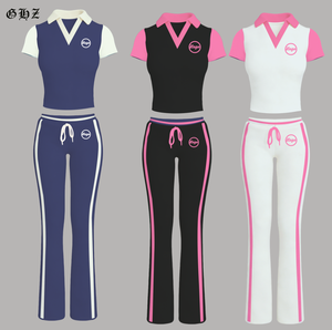 Set Primaverile 2026 Casual da Donna, Camicia <span class=keywords><strong>POLO</strong></span> con Colletto e <span class=keywords><strong>Pantaloni</strong></span> Blu Navy, 2 Pezzi in Cotone Lavorato a Maglia, Abbigliamento Loungewear - Product Image 1