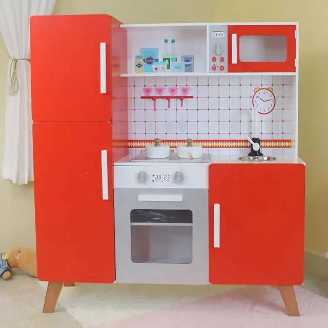 جديد مخصص الأحمر اللعب المطبخ الخشب ل طفل الفتيات أفضل الهدايا وشملت Refrigrator بالوعة الميكروويف الطبخ الحقيقي خبرة
