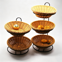 Panier de rangement moderne à 3 niveaux en rotin PP, fait main, écologique, étanche, gain de place, avec structure métallique robuste pour fruits et pain