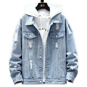 Custom Scratch Destroyed Ripped Blue Washed Denim Jacket para <span class=keywords><strong>Hombre</strong></span> Trend Ins Y2K Vintage Jacket - Product Image 1