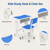 Ensemble bureau et chaise pour enfants avec dossier ventilé et siège ergonomique, hauteur réglable, design bleu clair pour enfants