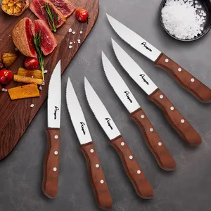 Ahşap saplı şerit 12 adet paslanmaz çelik biftek bıçakları seti biftek bıçağı ve çatal seti