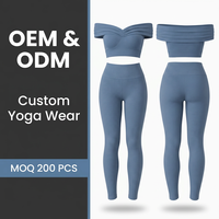 Op maat gemaakte OEM dames off-shoulder Bardot yogaset, opvouwbare sportbeha en high-waist geribbelde leggings, naadloos en zacht als boter.