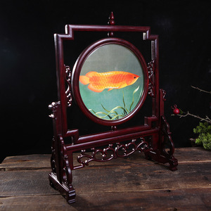 Suzhou Double Sided Embroidery Mahogany Stand Circular Goldfish Design Traditional <b>Chinese</b> Table Screen Decor - Product Image 1