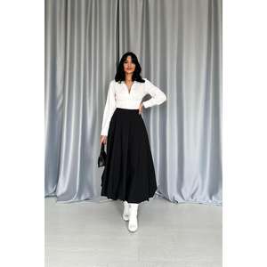 Jupe longue élégante noire pour femme, taille normale, 100 % polyester, confortable, coupe trapèze, jupe maxi - Product Image 5
