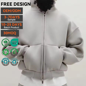 Sweat à capuche court OEM en molleton bouclette 360g, 100% coton, coupe double boxy, avec fermeture éclair, style streetwear oversize, personnalisable pour homme, 3D - Product Image 1