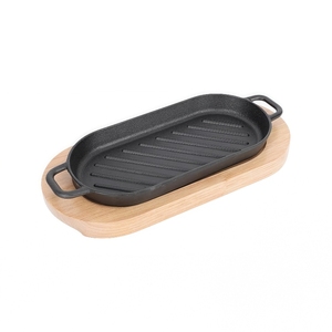Plateau à steak en fonte Poêle en fonte pré-assaisonnée Poêle à fajita avec base en bois - Product Image 2