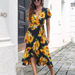 Bán Buôn Tùy Chỉnh Giản Dị Mùa Hè Lỏng V Cổ Ngắn Tay Áo Maxi Dài Lùng Hoa In Hoa Hướng Dương Đảng Dress Phụ Nữ Với Vành Đai - Product Image 4