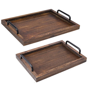 Plateau rectangulaire en bois massif avec poignées 34x24x3cm, style japonais vintage, plateau à thé, rangement de bureau, plateau de service - Product Image 1