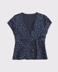Blusa LEDUO de manga corta con cuello en V, estilo retro francés, elegante, con encaje y satén para mujer - Product Image 3