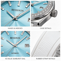 Montre de luxe pour femmes, montre mécanique automatique, bracelet en caoutchouc, boîtier en diamant moissanite, boîtier en acier inoxydable, fournisseur de montres personnalisées