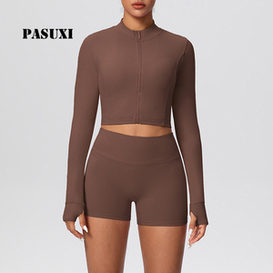 Ensemble de shorts de yoga taille haute <span class=keywords><strong>pour</strong></span> femmes PASUXI, veste zippée, <span class=keywords><strong>tenue</strong></span> de sport <span class=keywords><strong>pour</strong></span> la course à pied, la remise en forme, le sport, la salle de sport - Product Image 1
